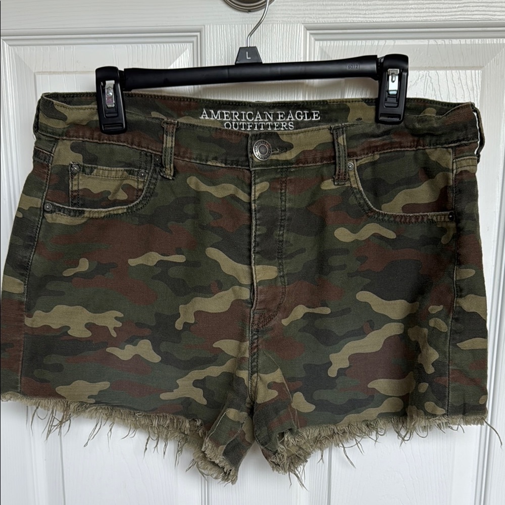 American Eagle Outfitters Hi Rise Festival Camo Distressed Shorts